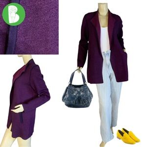 TALBOTS BURGUNDY & NAVY BLUE POCKETED OPEN FRONT MERINO WOOL CARDIGAN (M)